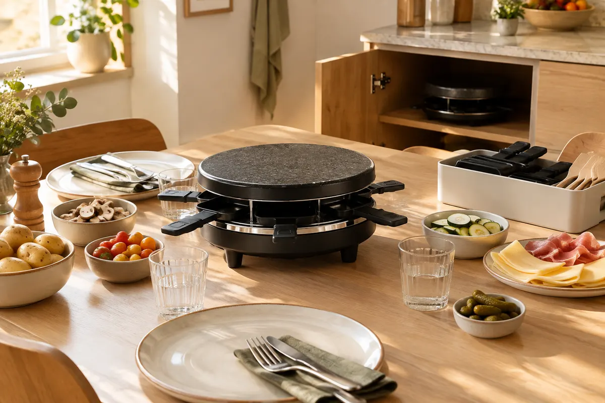 Appareil à raclette compact posé sur une petite table, avec ses poêlons prêts à être rangés.