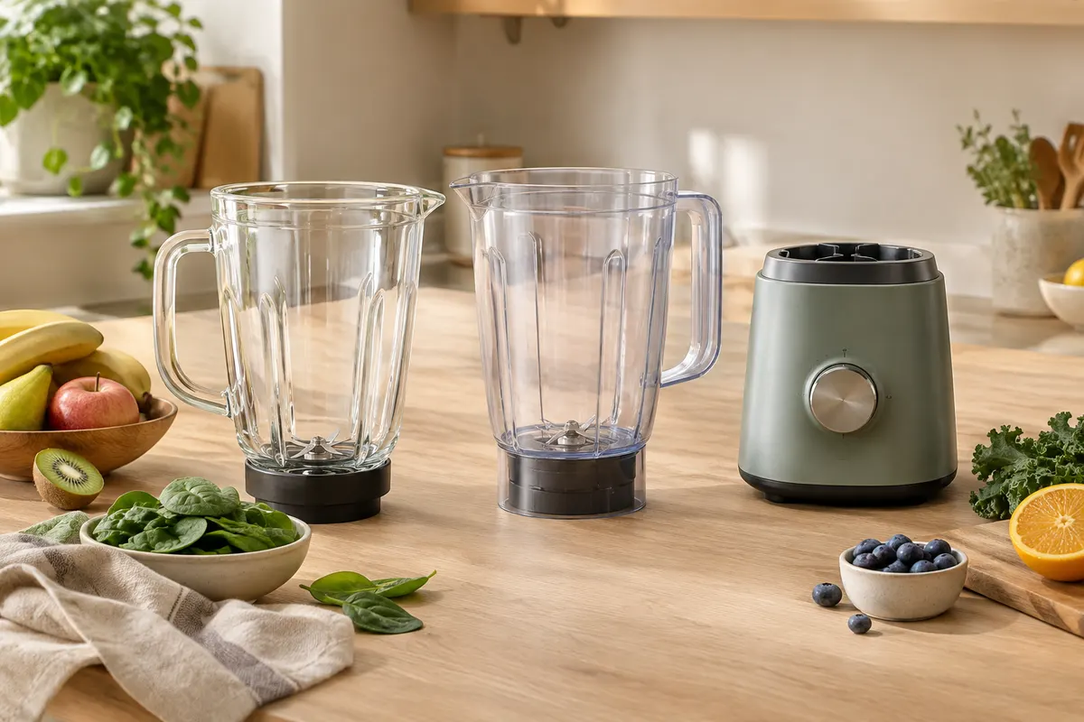 Deux bols de blender, l’un en verre et l’autre en plastique, posés sur un plan de travail.