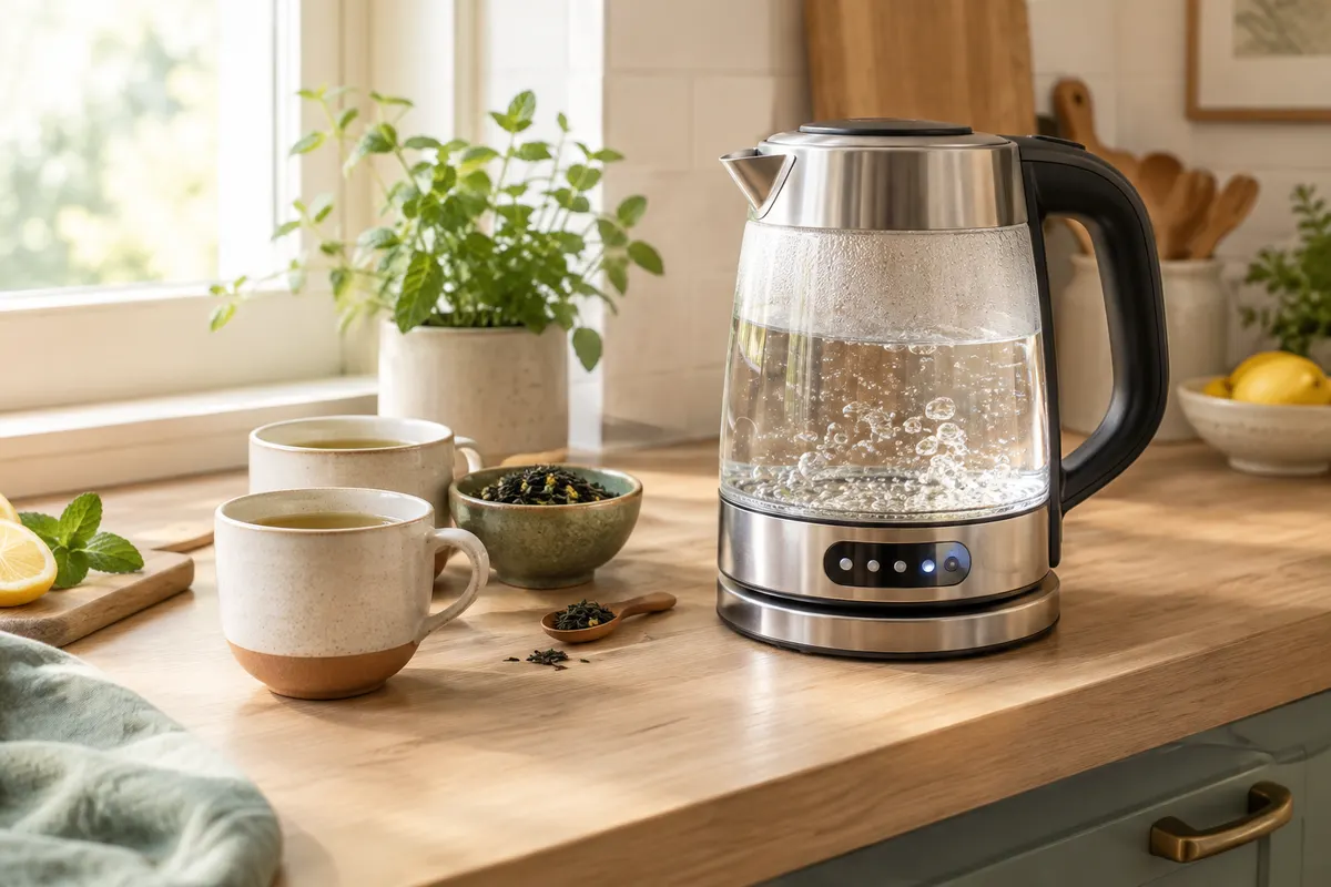 Bouilloire réglable en verre et inox posée près de tasses et de feuilles de thé sur un plan de travail
