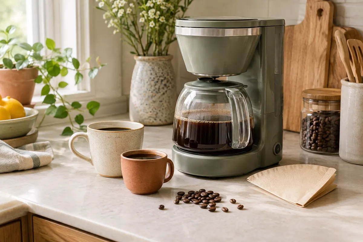 Cafetière filtre compacte avec sa verseuse et deux tasses posées sur un plan de travail