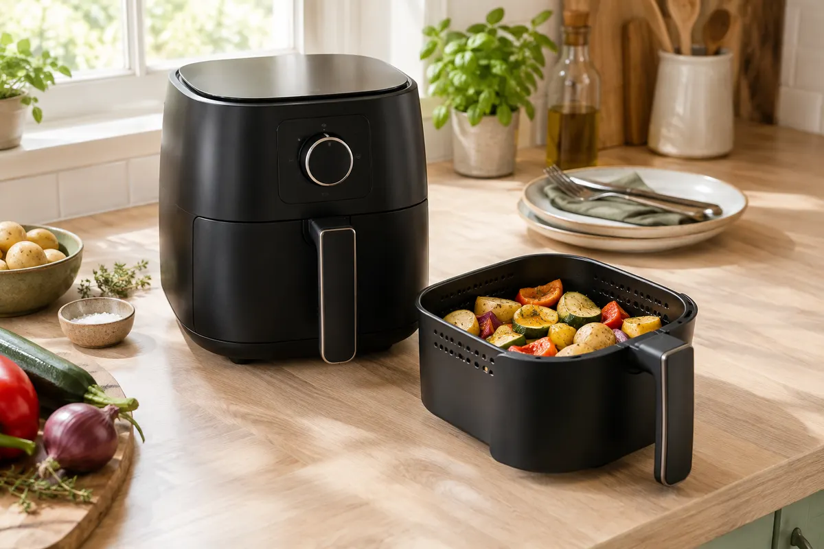 Friteuse sans huile compacte et panier garni de portions disposées à plat sur un plan de travail
