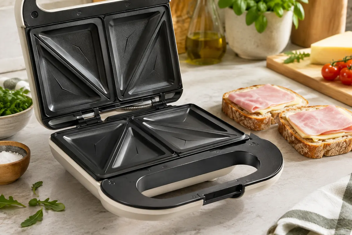 Appareil à croque-monsieur ouvert près de tranches épaisses et d’une garniture, sur un plan de travail clair