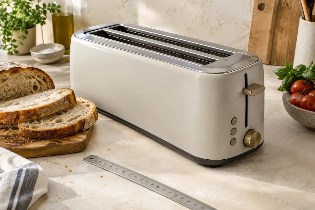 Grille-pain à fentes longues près de tranches épaisses de pain de campagne à mesurer
