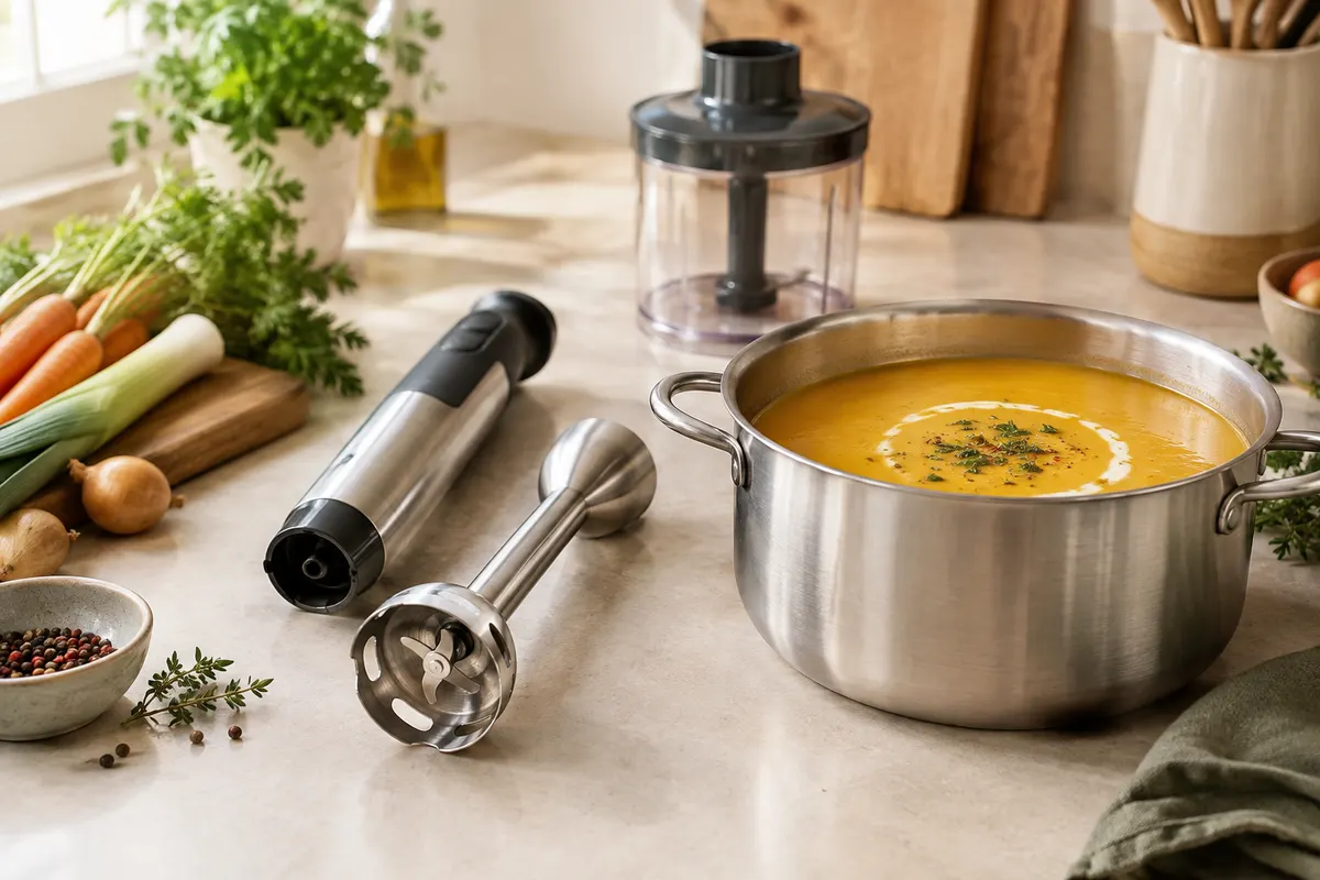 Mixeur plongeant et pied démontable posés près d’une casserole de soupe veloutée