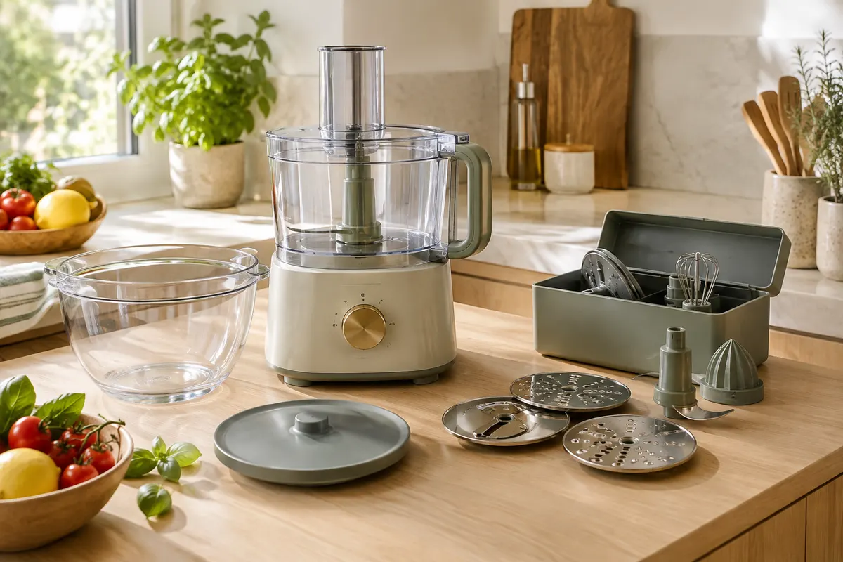 Robot multifonction compact sur un plan de travail, avec bol et accessoires rangés dans une petite cuisine