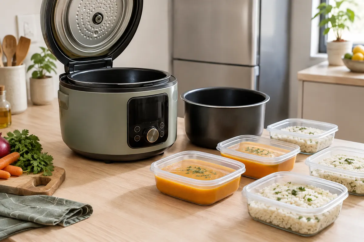 Multicuiseur et contenants peu profonds prêts à recevoir des portions à réfrigérer