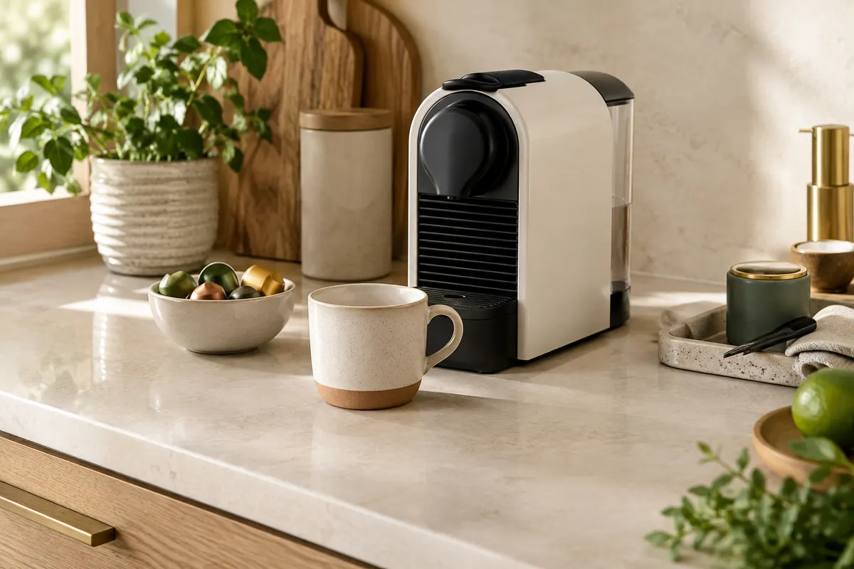 Machine à capsules compacte, tasse et capsules disposées sur un plan de travail de cuisine clair