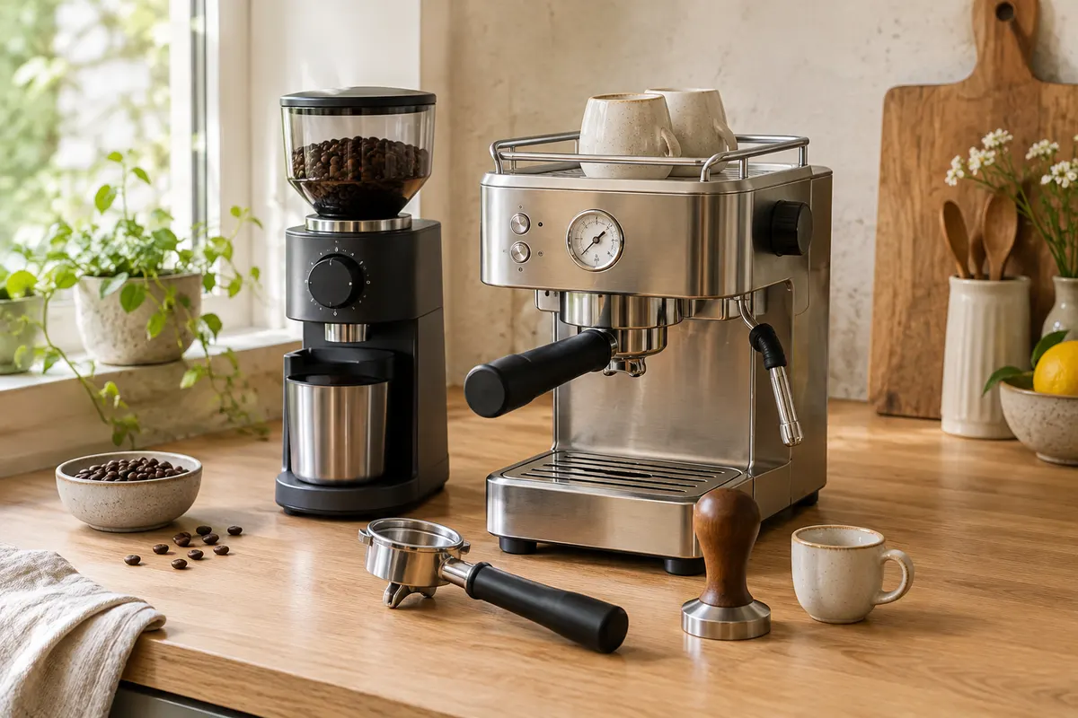 Machine expresso manuelle et moulin à café séparé installés sur un plan de travail de cuisine.