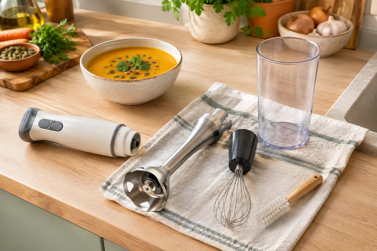 Mixeur plongeant démonté près d’un bol de soupe, avec le pied et les accessoires prêts à être nettoyés.