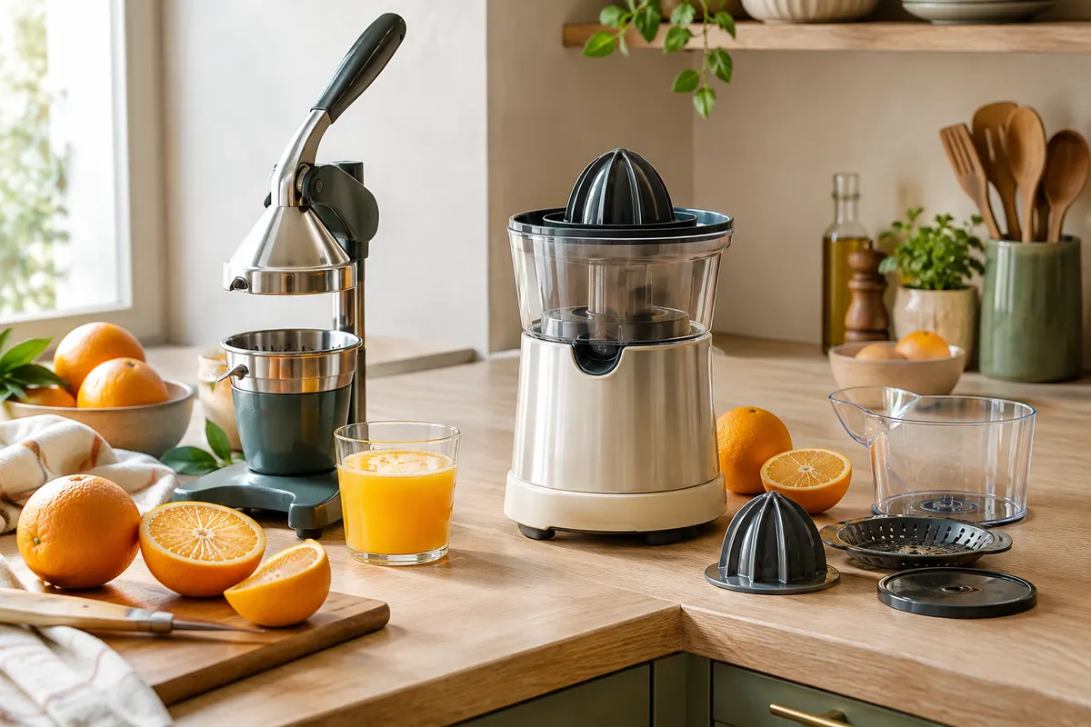 Presse-agrumes manuel et électrique côte à côte avec oranges et pièces prêtes à être nettoyées