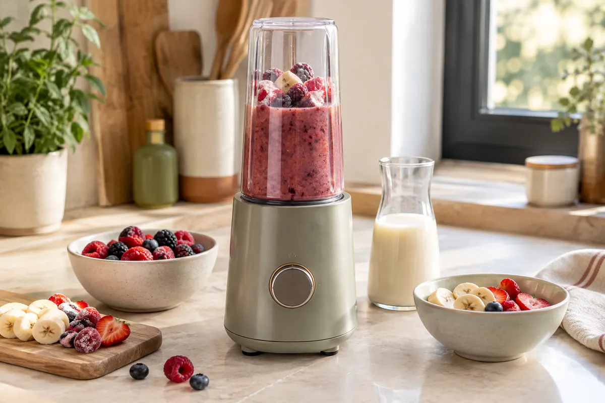 Blender compact contenant un smoothie épais aux fruits rouges, avec des morceaux congelés et des fruits préparés à côté.