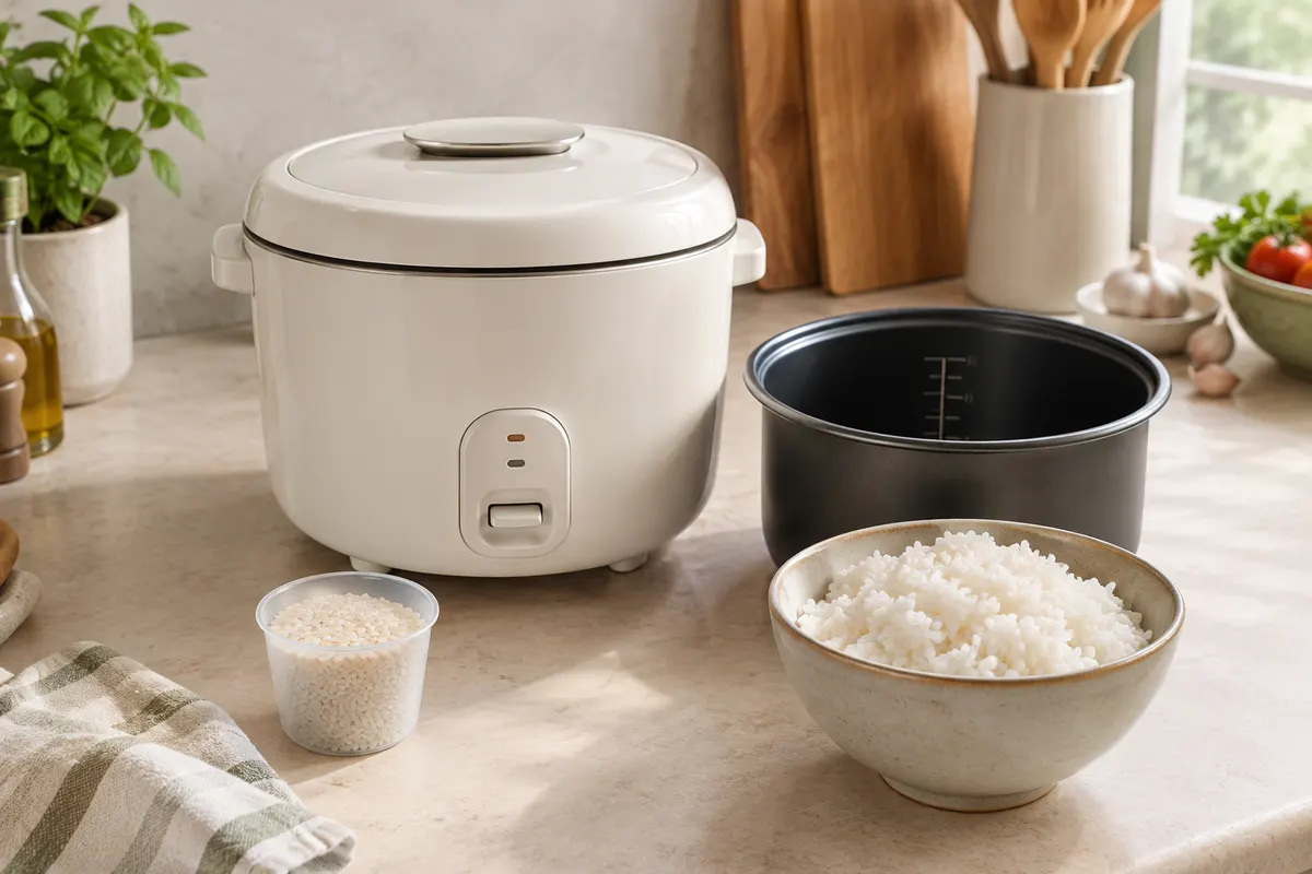 Cuiseur à riz compact avec mesure de riz cru, bol de riz cuit et cuve graduée