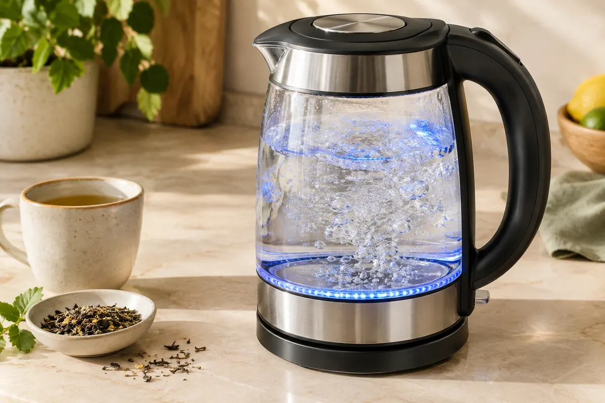 Bouilloire électrique en verre transparent, base noire et éclairage LED bleu sur un plan de travail clair.