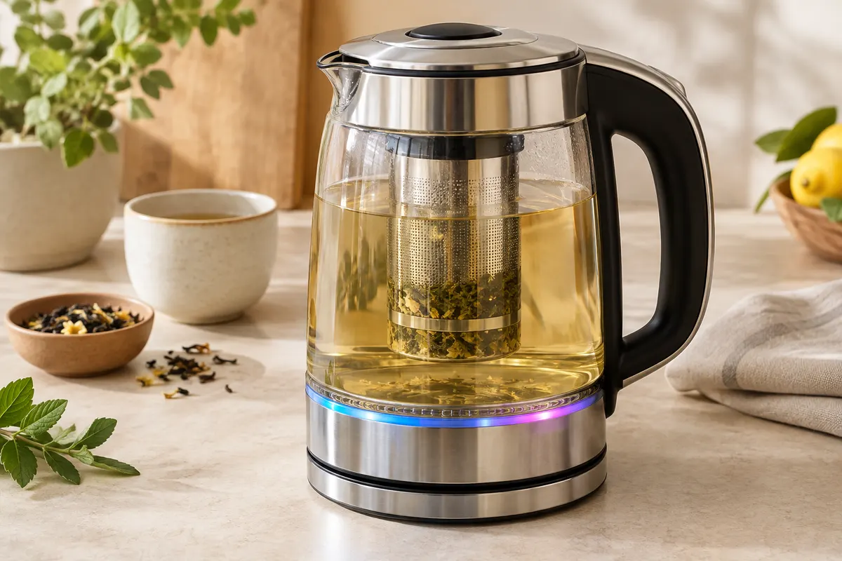 Bouilloire électrique en verre transparent avec infuseur à thé et éclairage LED coloré