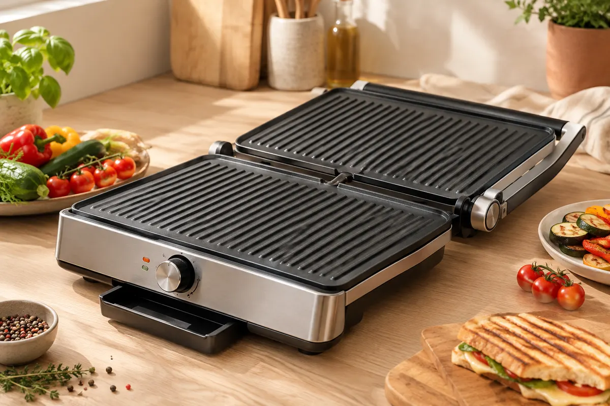 Grill électrique argenté ouvert à plat, avec ses deux plaques rainurées et des légumes à griller