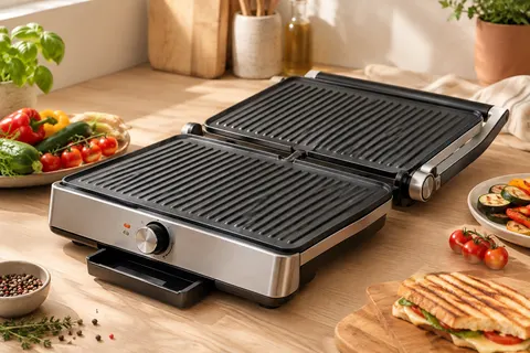 Grill électrique argenté ouvert à plat, avec ses deux plaques rainurées et des légumes à griller