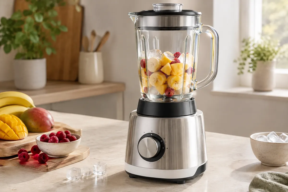 Blender à bol en verre de 1,5 L et socle inox posé sur un plan de travail clair avec des fruits frais.