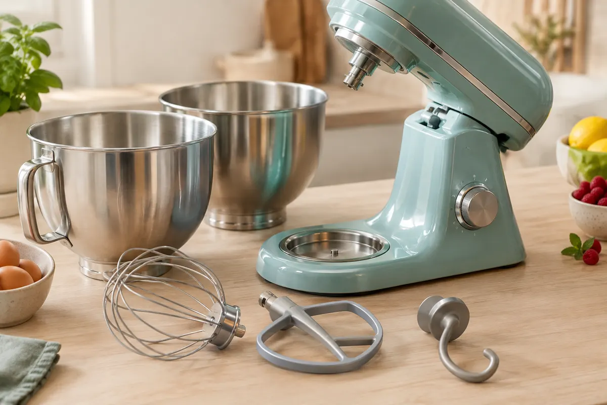 Robot pâtissier turquoise AREBOS avec deux bols en inox et ses accessoires sur un plan de travail