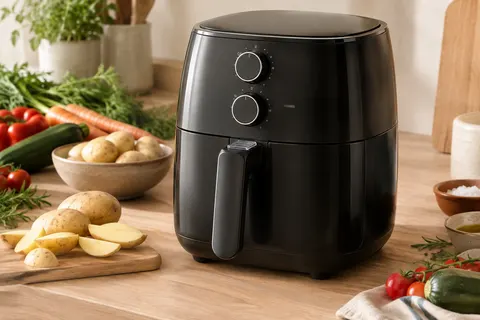 Friteuse à air Ariete noire et compacte posée sur un plan de travail avec des légumes frais