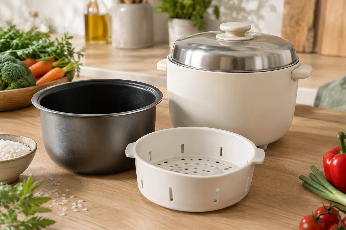 Cuiseur à riz blanc compact avec couvercle en acier inoxydable, pot amovible et panier vapeur