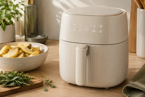 Friteuse sans huile BELLA slim crème avec commandes tactiles, posée sur un plan de travail en bois clair