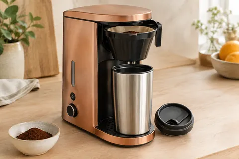 Cafetière filtre compacte cuivre Bestron avec gobelet isotherme en acier inoxydable sur un plan de travail