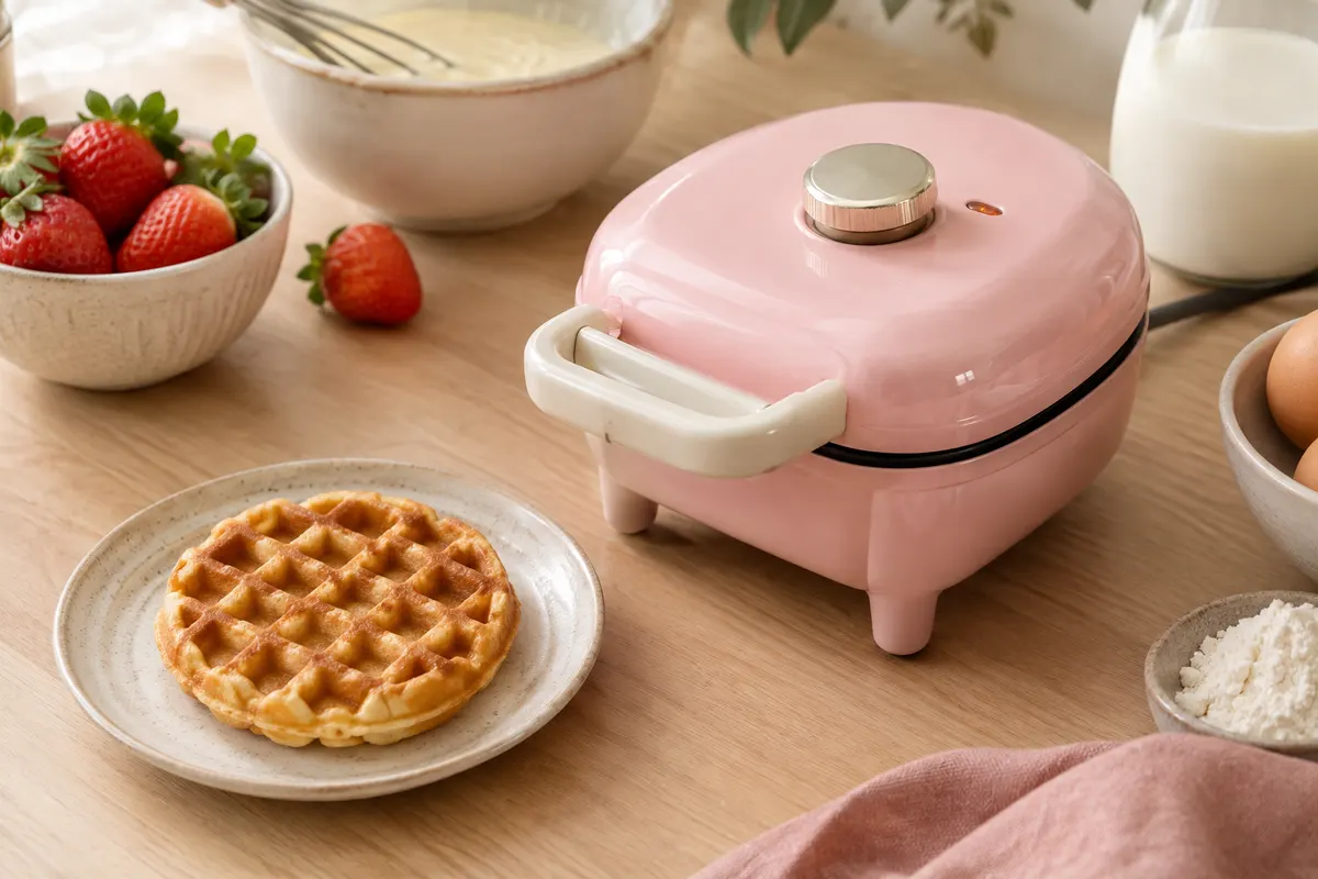 Mini gaufrier Bestron rose rétro posé sur un plan de travail clair avec pâte et fruits frais.