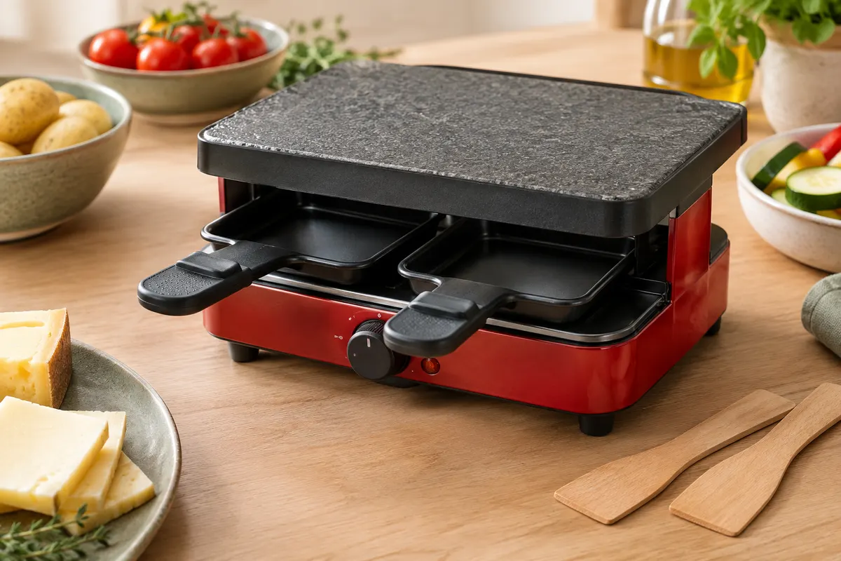 Mini raclette rouge et noire avec deux poêlons et spatules en bois sur un plan de travail clair