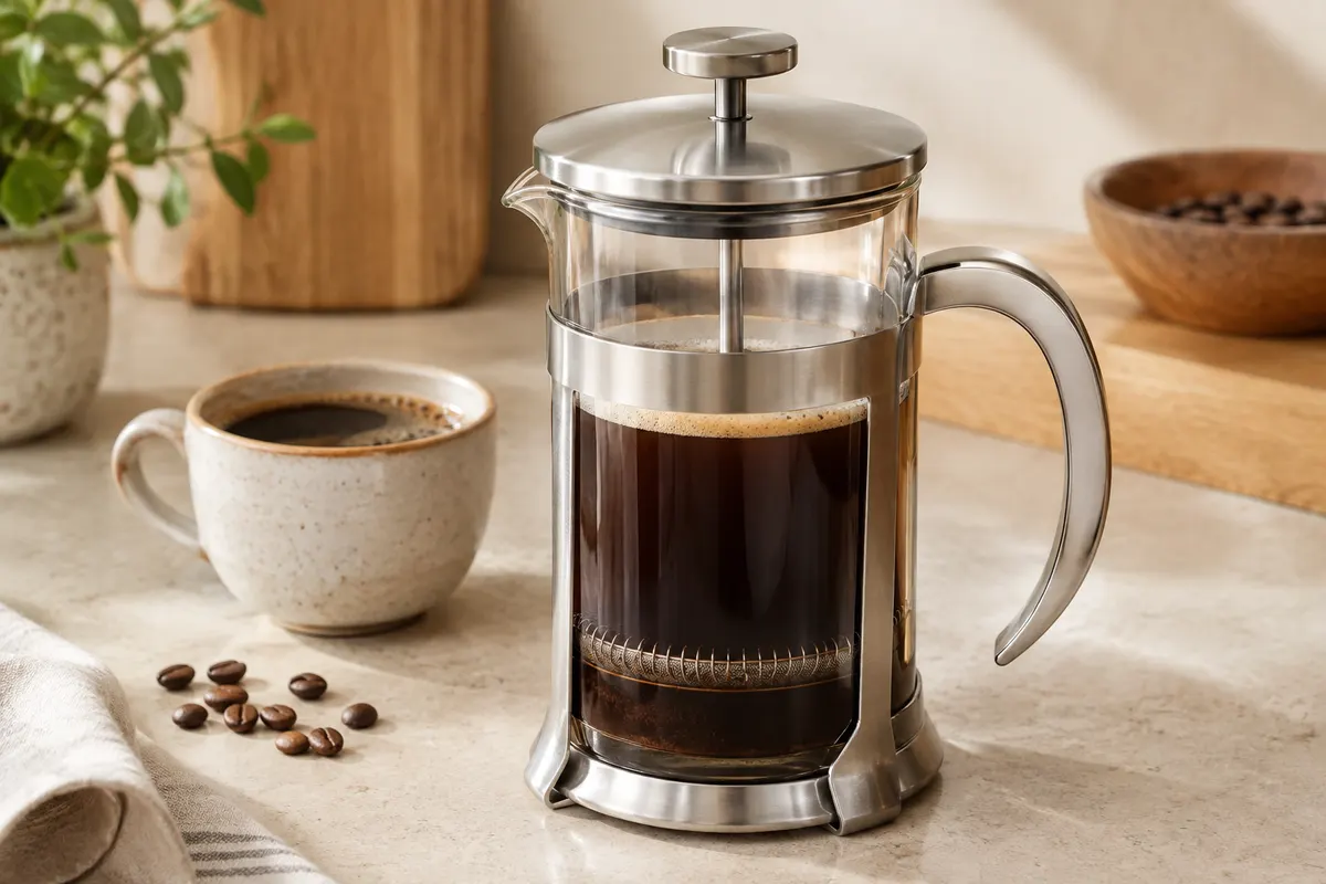 Cafetière à piston en verre borosilicate avec support et mécanisme en acier inoxydable sur un plan de travail clair