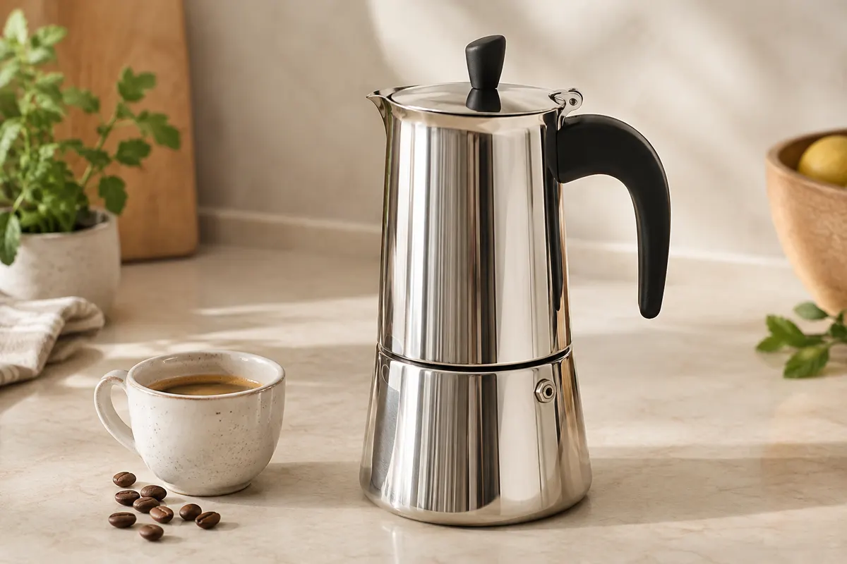 Cafetière italienne moka argentée en inox posée sur un plan de travail en pierre claire