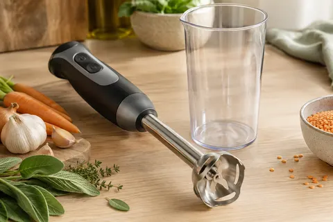 Mixeur plongeant noir et gris avec pied inox et gobelet doseur sur un plan de travail clair.