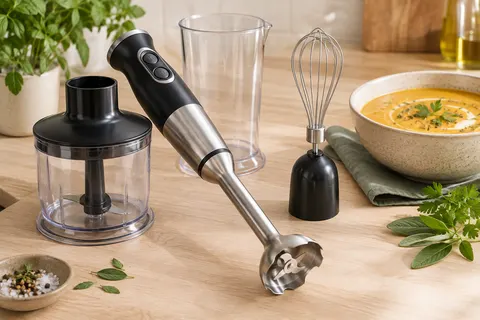 Mixeur plongeant noir et inox avec verre doseur, bol hachoir et accessoires sur un plan de travail clair