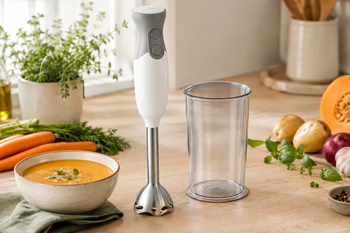Mixeur plongeant blanc et gris avec pied en inox et gobelet doseur posé sur un plan de travail clair