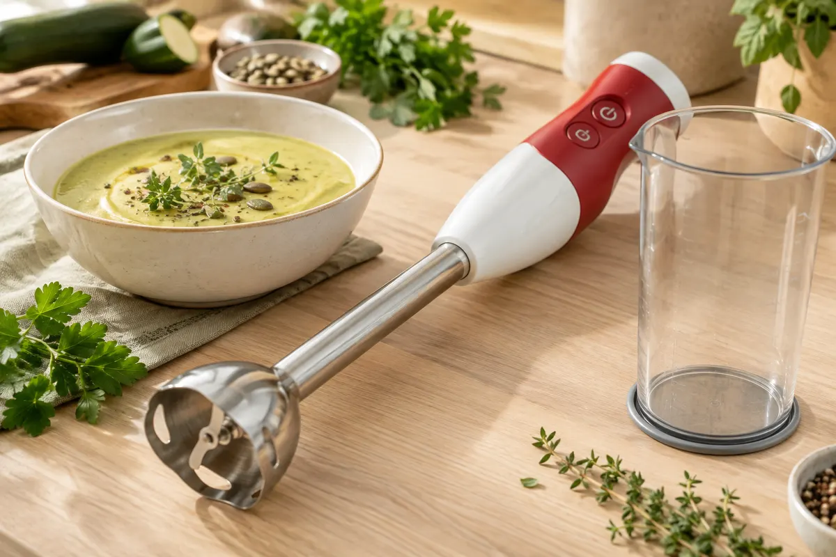 Mixeur plongeant rouge et blanc avec pied en inox amovible et gobelet doseur transparent sur un plan de travail