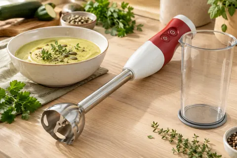 Mixeur plongeant rouge et blanc avec pied en inox amovible et gobelet doseur transparent sur un plan de travail
