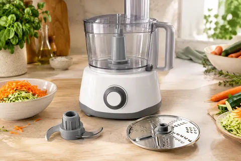 Robot multifonction blanc et gris avec bol en plastique, couteau inox et disque réversible sur un plan de travail clair.