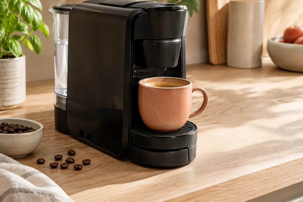 Machine à capsules noire Bosch Tassimo Happy sur un plan de travail clair, avec une tasse de boisson chaude.