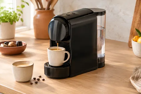 Machine à capsules noire Tassimo sur un plan de travail en bois clair, avec une tasse de café placée dessous