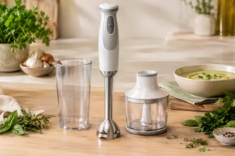 Mixeur plongeant blanc et gris avec pied en acier inoxydable, verre doseur et bol hachoir sur un plan de travail
