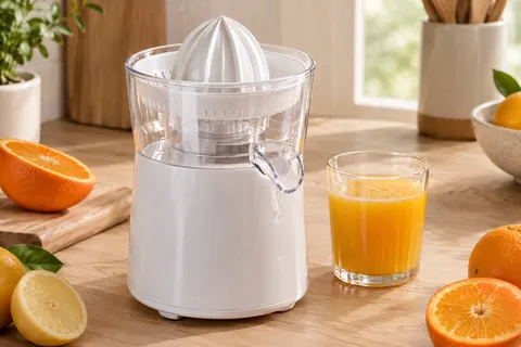Presse-agrumes électrique blanc Braun avec bec verseur, posé près d’un verre de jus et d’agrumes frais.