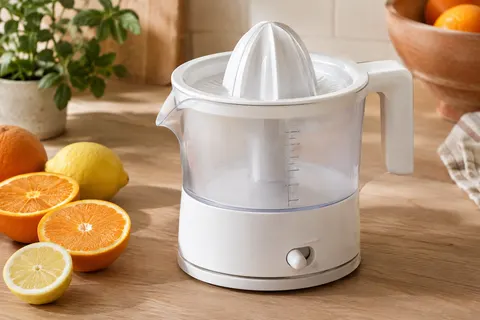 Presse-agrumes électrique blanc avec bol translucide gradué posé près d’oranges et d’un citron.