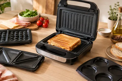 Appareil à snacks Breville noir et acier inoxydable ouvert avec un croque-monsieur doré
