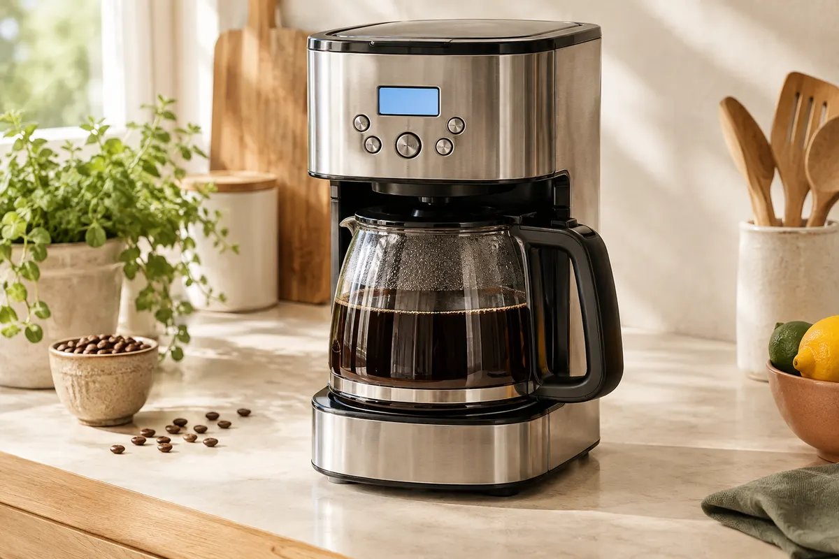 Cafetière filtre en acier inoxydable avec écran LCD et verseuse en verre sur un plan de travail clair