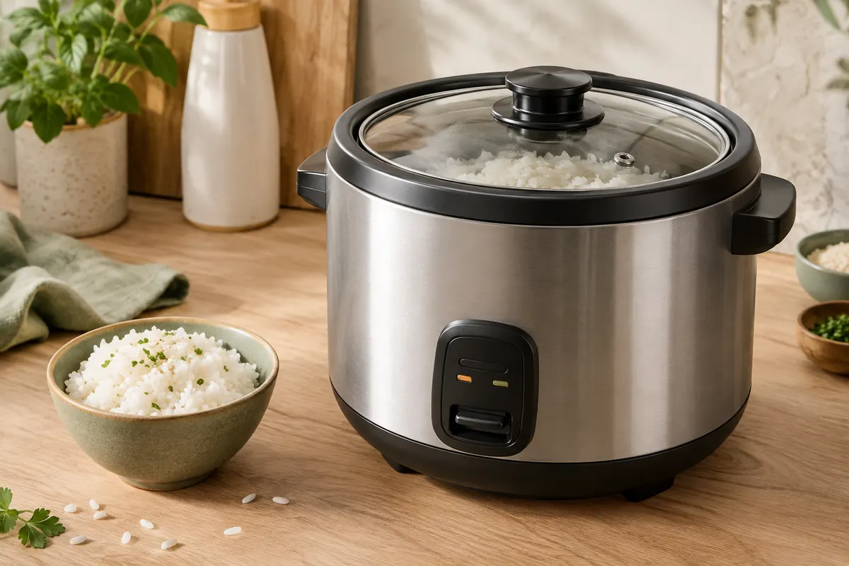 Cuiseur à riz compact en acier inoxydable avec couvercle en verre, présenté sur un plan de travail clair