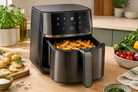 Friteuse sans huile Cecotec noire et inox avec commande tactile, posée sur un plan de travail clair