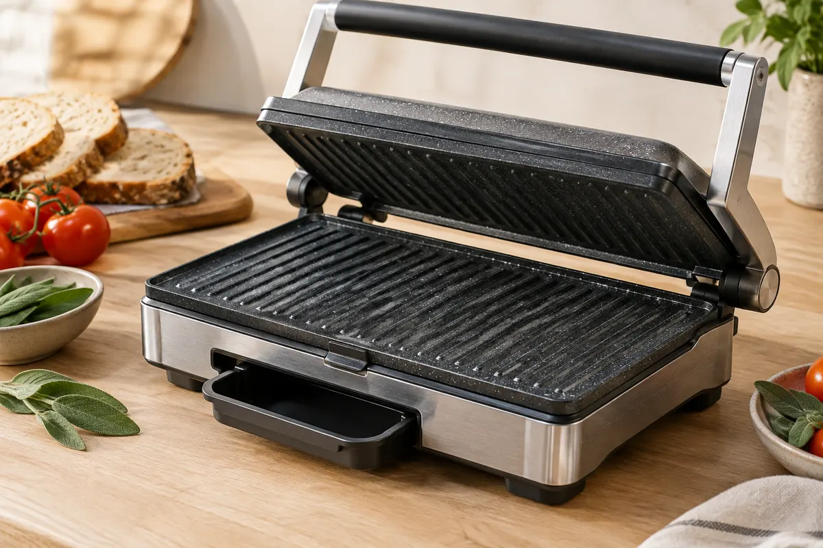 Grill électrique compact en inox ouvert à plat, avec plaques effet pierre et bac récupérateur.