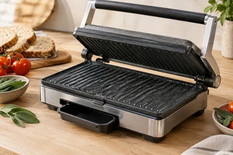 Grill électrique compact en inox ouvert à plat, avec plaques effet pierre et bac récupérateur.
