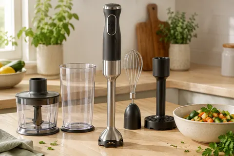 Mixeur plongeant Cecotec à pied XL en inox, lame noire et accessoires posés sur un plan de travail clair