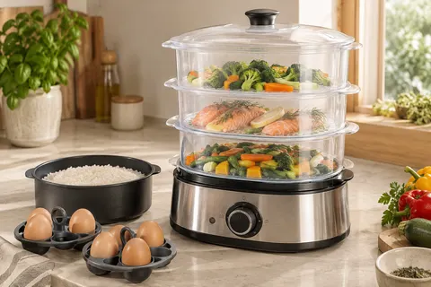 Cuiseur vapeur inox à trois paniers avec bol à riz et supports pour œufs sur un plan de travail