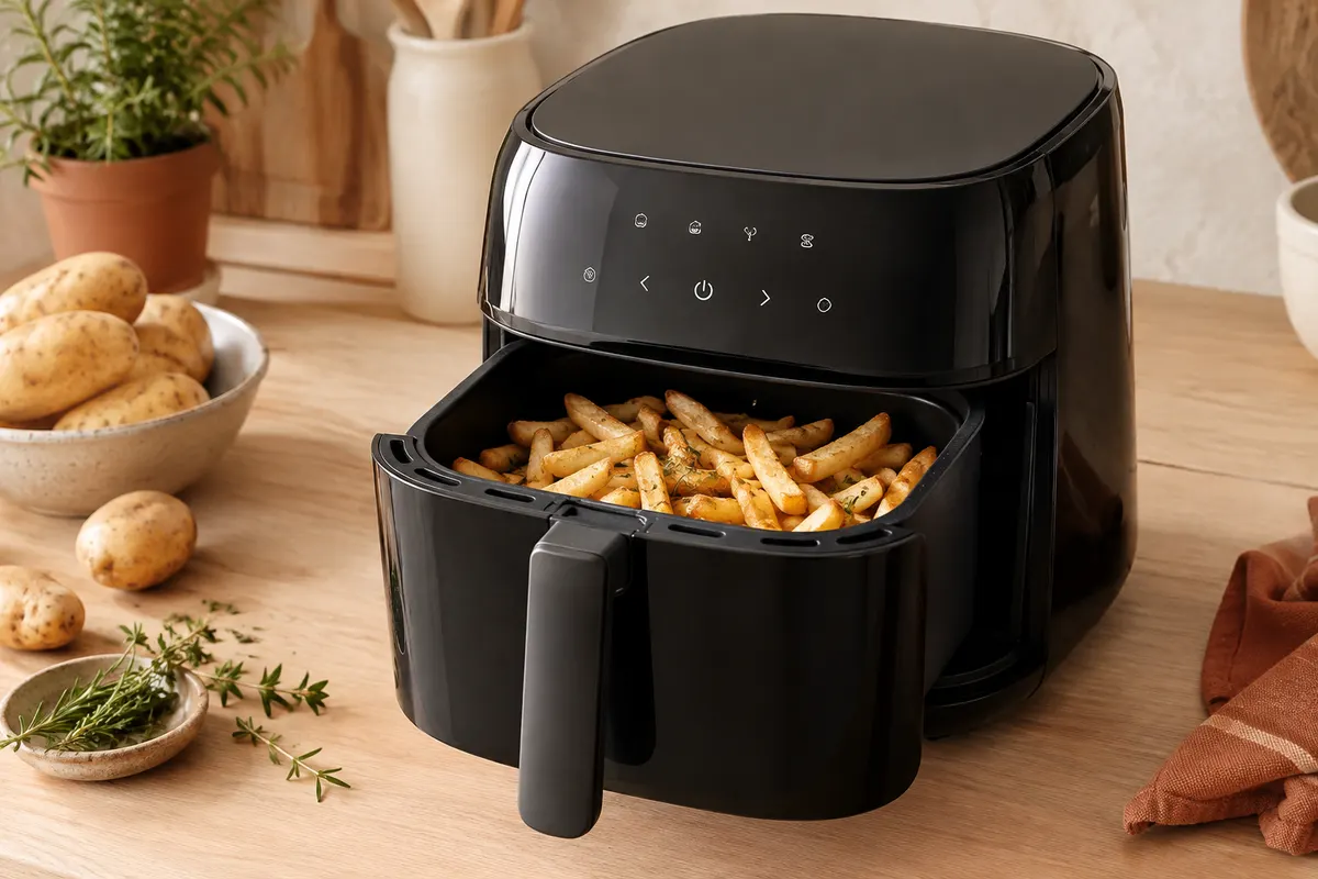 Friteuse sans huile noire de 6 L avec panier, présentée sur un plan de travail en bois clair.